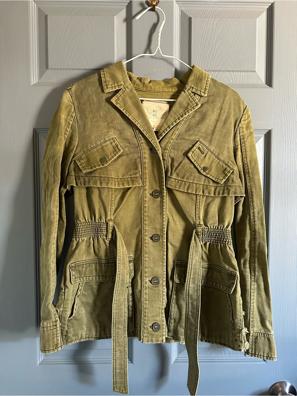 Anthropologie HEI HEI Olive Green Utility Military Jacket Ruffle Back Belted S